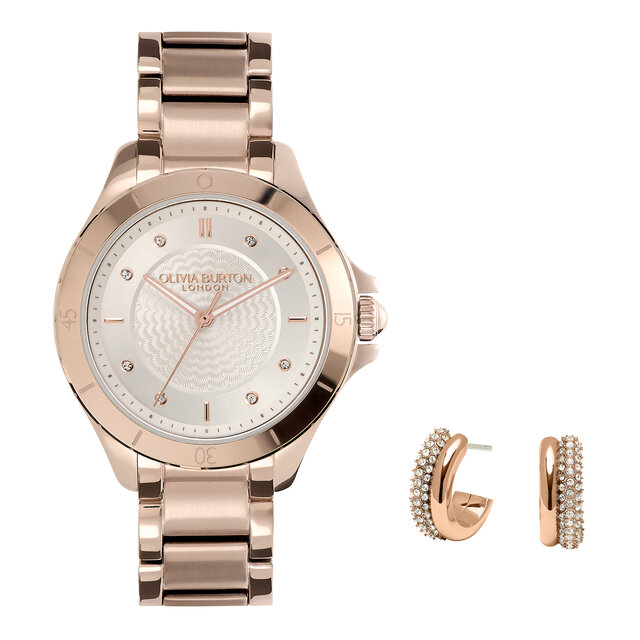 36mm Guilloche Carnation Gold Bracelet Watch & Classics Entwine Rose Gold Earrings