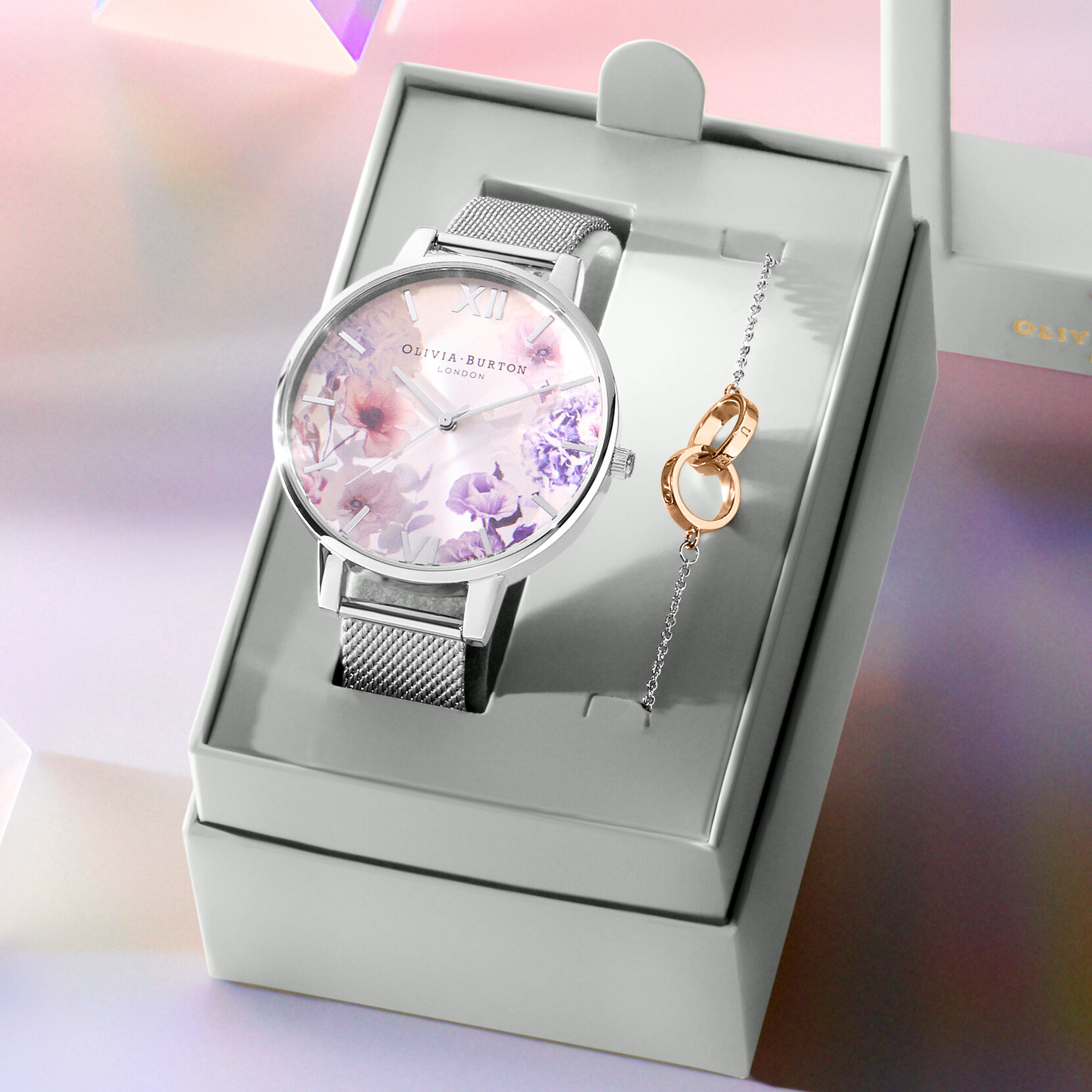 Sunlight Florals Silver Mesh Watch and Classics Silver and Rose Gold Bracelet Gift Set