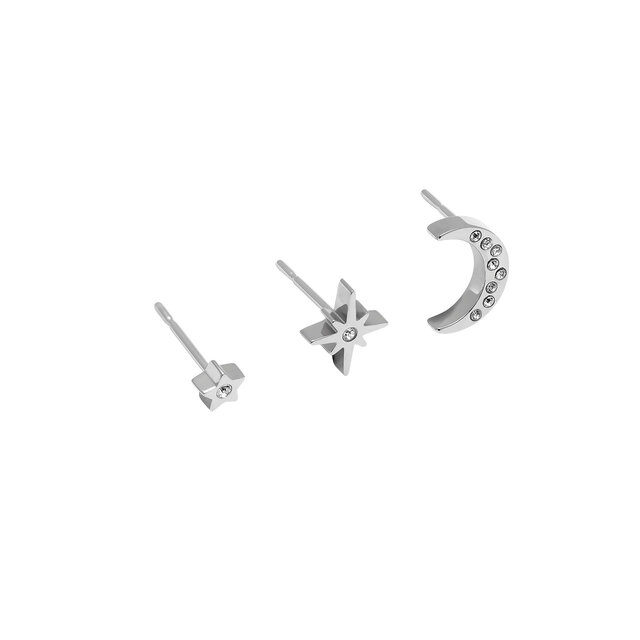 North Star & Moon Silver Stud Earrings Set