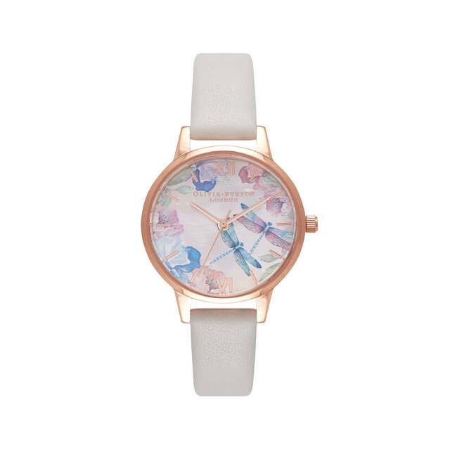 Montre élégante blush et or rose à boîtier mince au motif de libellule