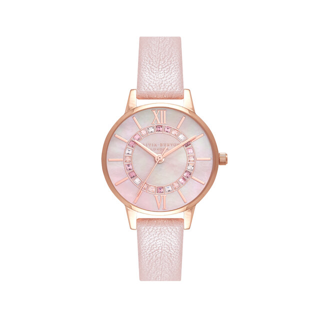Coffret-cadeau Wonderland montre rose perle et or rose, et bracelet classique entrelacé