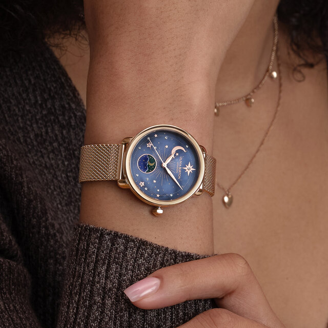 34mm Moon Phase Navy & Rose Gold Mesh Watch