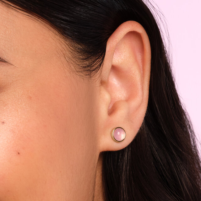Rose Quartz Cabochon Rose Gold Plated Gemstone Stud Earrings