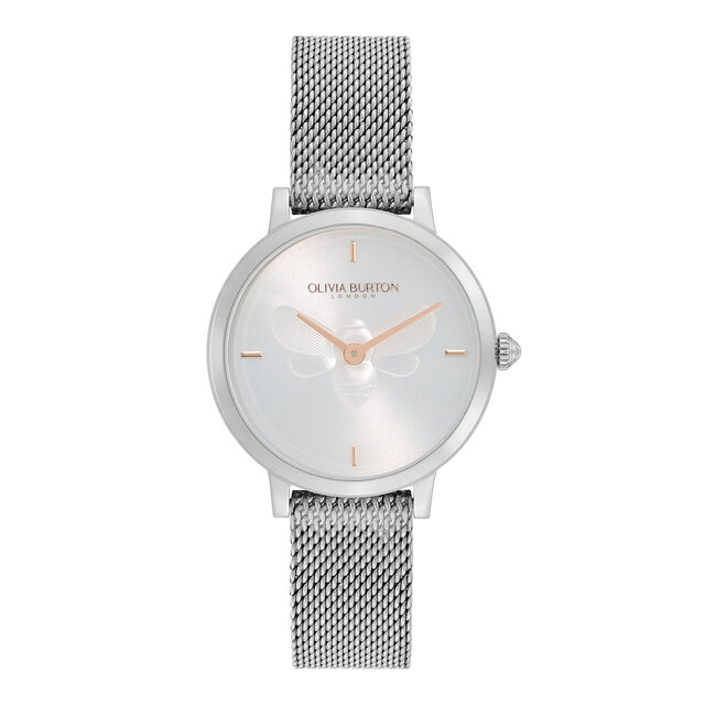 28mm Bee Ultra Slim Metallic White & Silver Mesh Watch