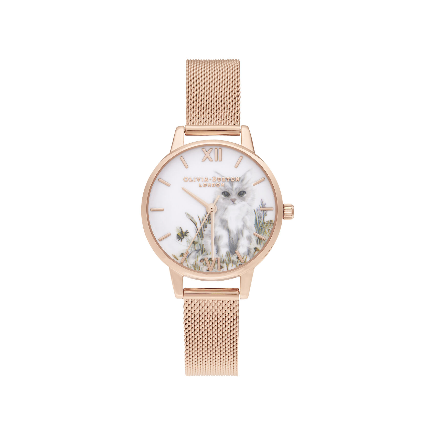 Illustrated Animals Cat Midi Rose Gold Mesh Olivia Burton London