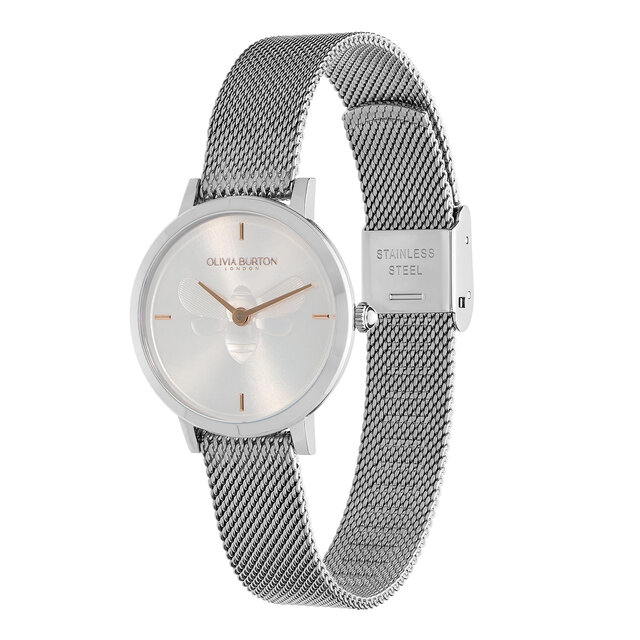 28mm Bee Ultra Slim Metallic White & Silver Mesh Watch