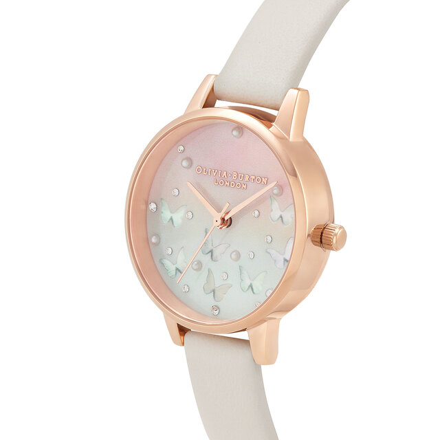 Montre Sparkle Butterfly à cadran Midi blanc poudré et nacre bleue or rose