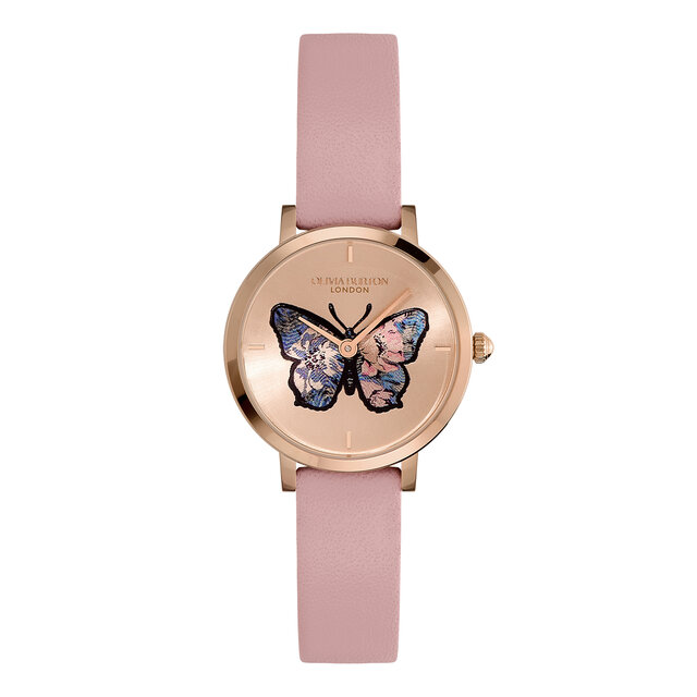 Montre Papillon Ultra Fine Or Rose & Bracelet en Cuir Rose Pâle 28 mm