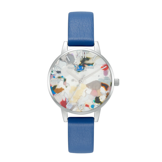 Coffret-cadeau avec montre Pop Art à cadran Midi, Eco Vegan bleu et bracelet milanais argent