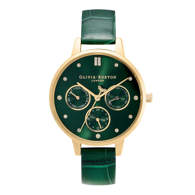 34mm Gold & Forest Green Leather Strap Watch