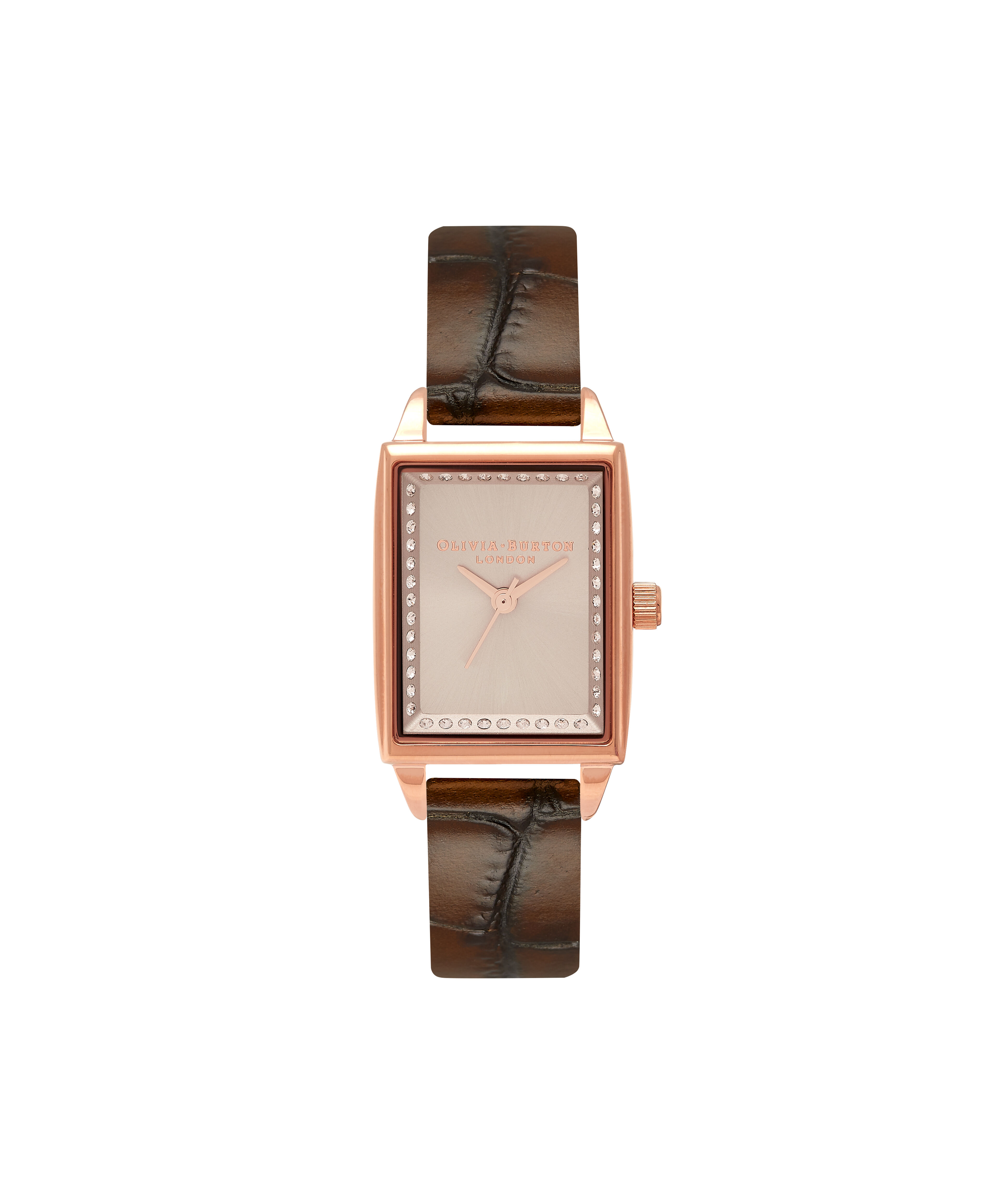 Rectangular Rose Gold Brown Leather Strap Watch