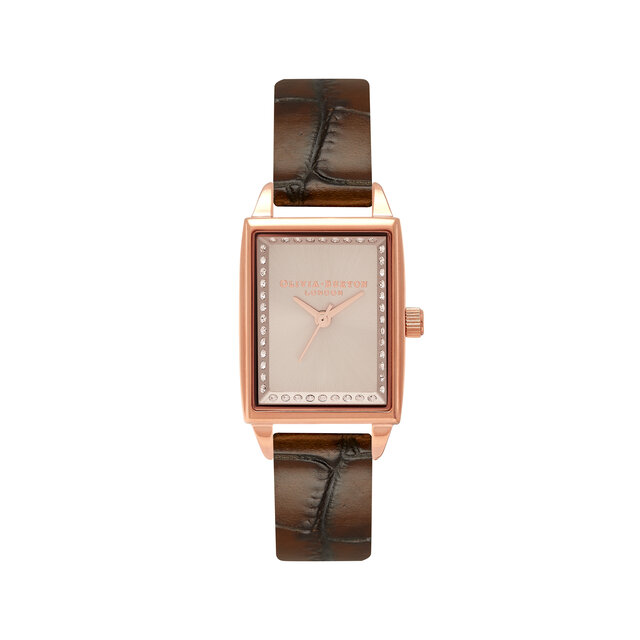 Montre à lunette or rose, croco brun et or rose