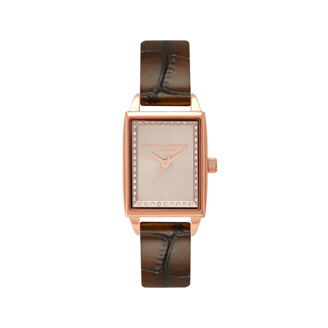 Rectangular Rose Gold & Brown Leather Strap Watch