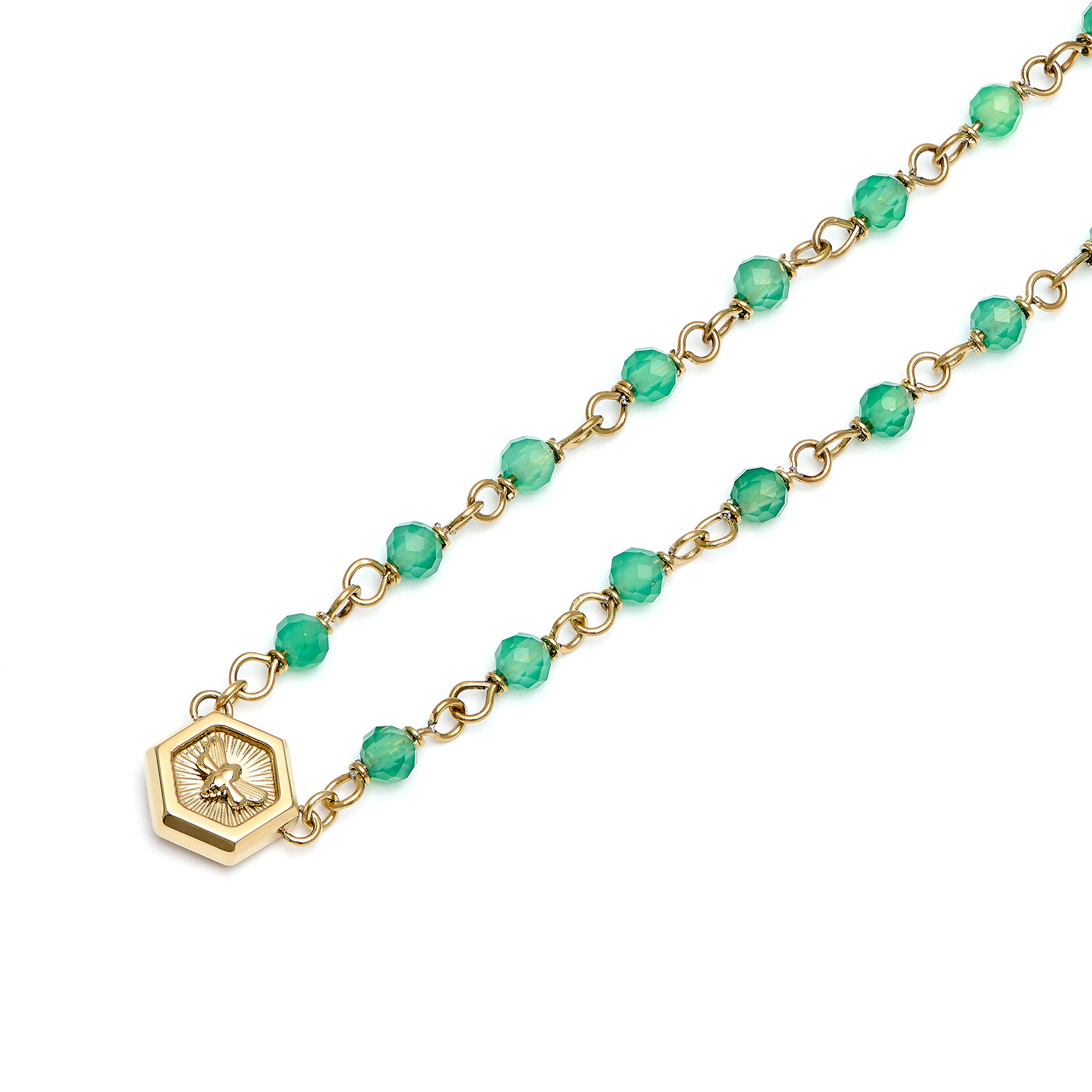 Collier Perlé Vert & Plaqué Or avec Charm Abeille Minima