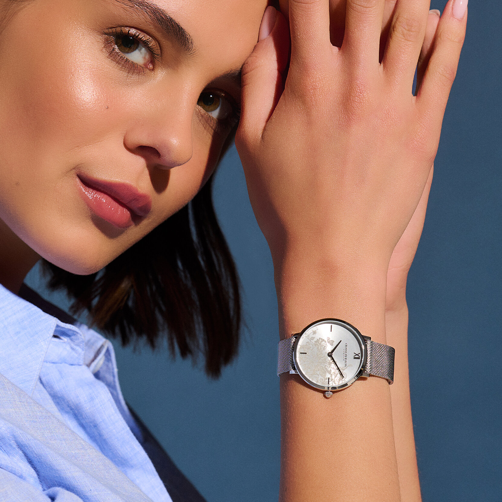 Montre Floral Blooms ultra fine avec bracelet en Argent milanais 35 mm