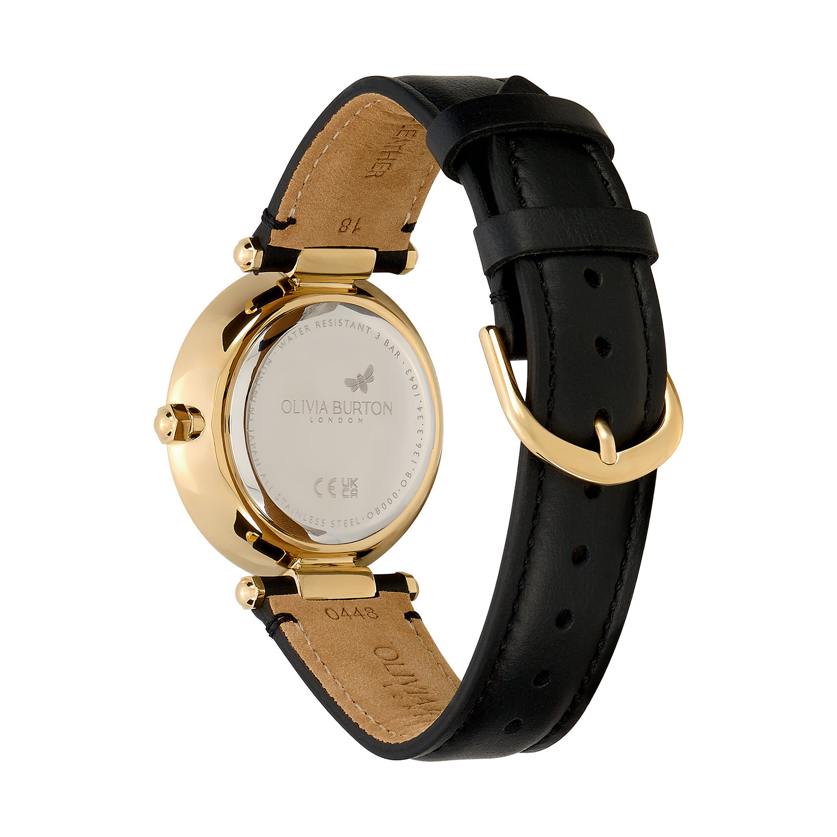 Montre florale avec fermoir en T et bracelet en cuir Or et Noir 34 mm