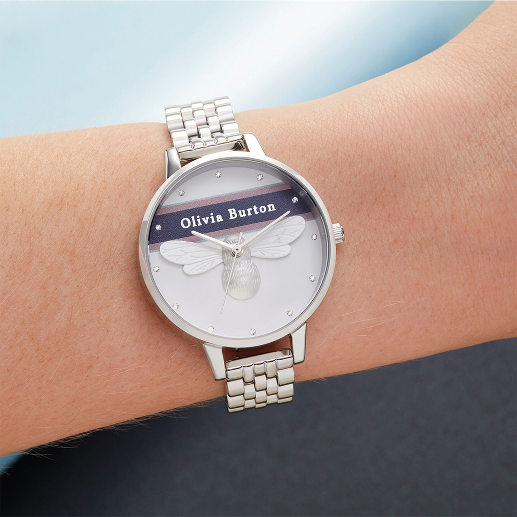 Varsity Lucky Bee, Red & Navy Stripe Silver Bracelet
