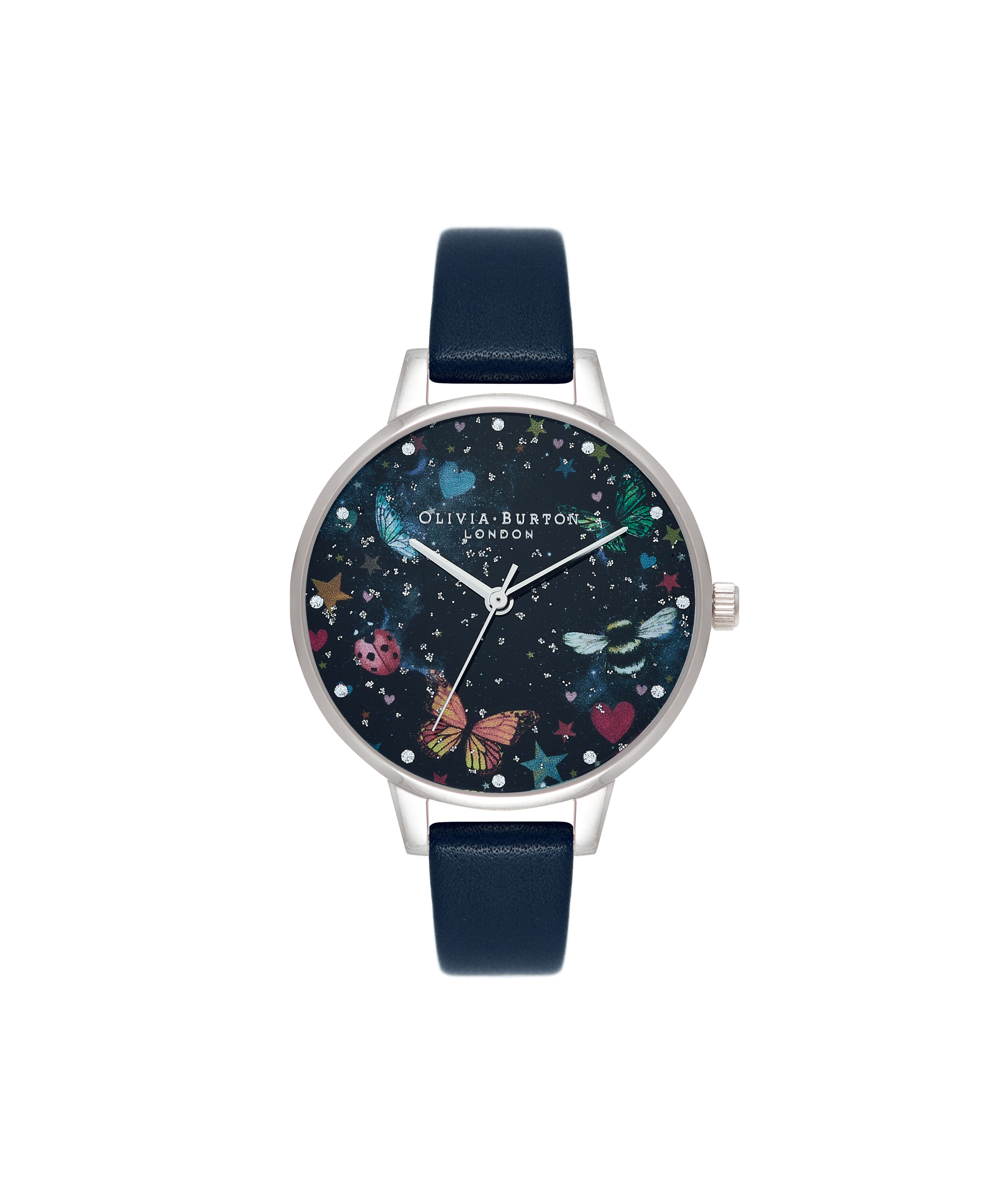 34mm Silver Blue Leather Strap Watch