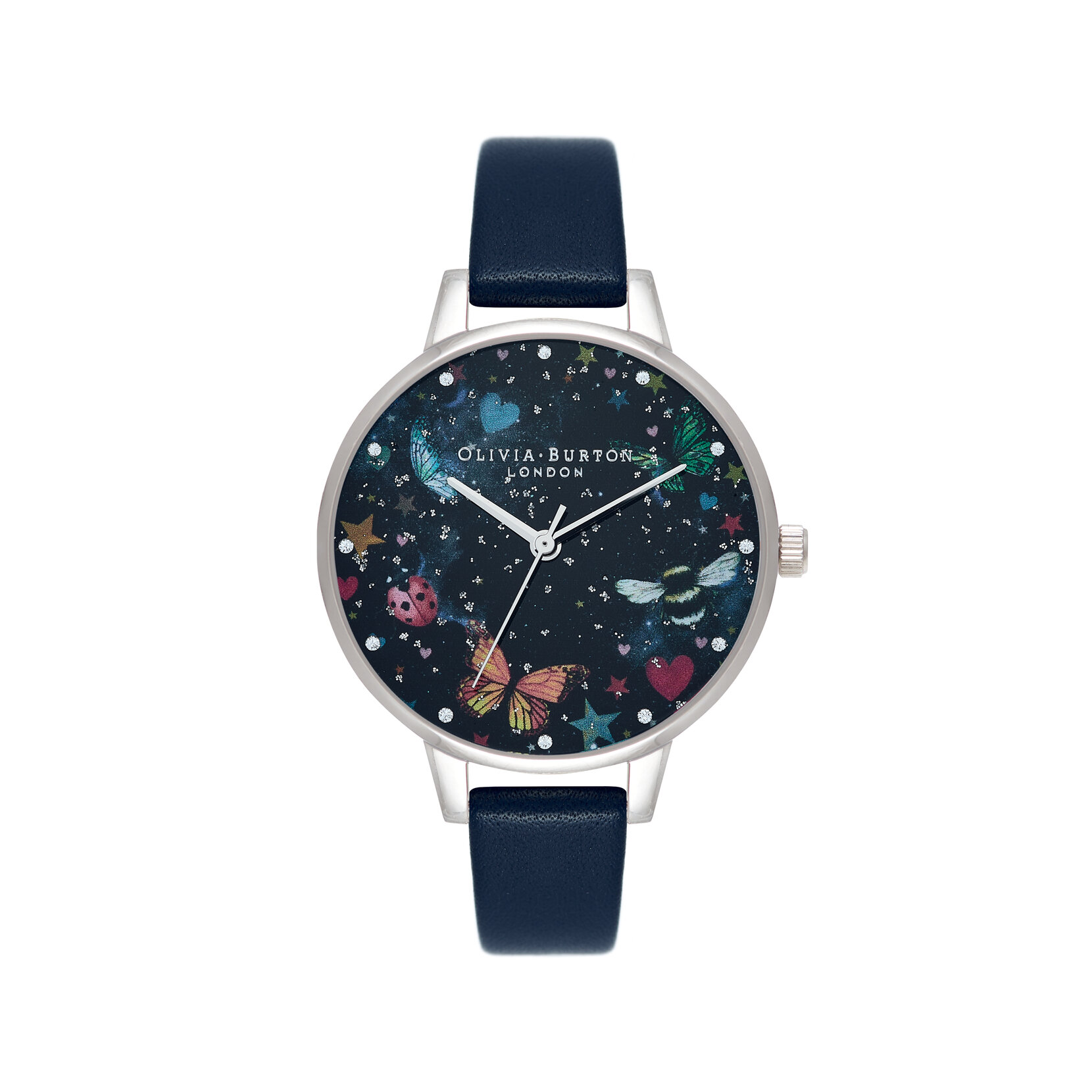 34mm Silver & Blue Leather Strap Watch