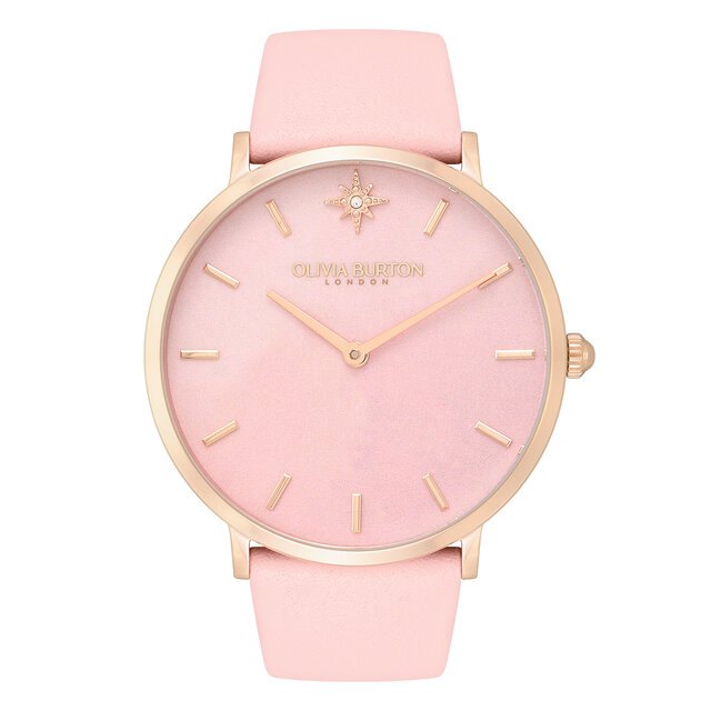 Montre à bracelet en cuir Imitation quartz rose, Or rose et Rose pastel 40 mm