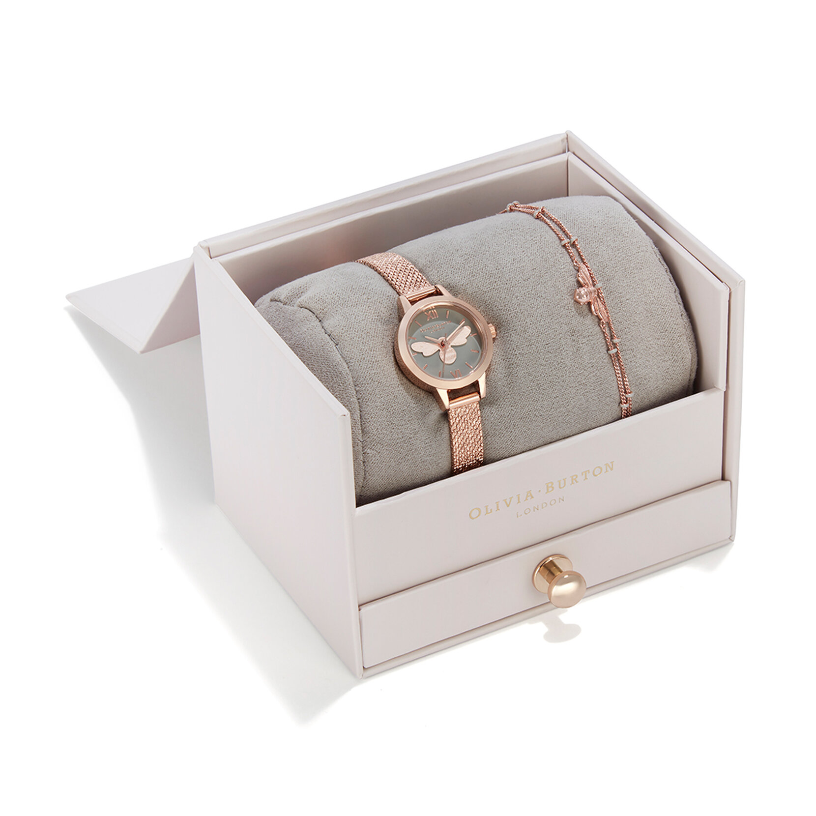 Bracelet charme au motif d'une mini abeille, cadran gris et maille bouclée RG avec chaîne Lucky Bee en émail gris