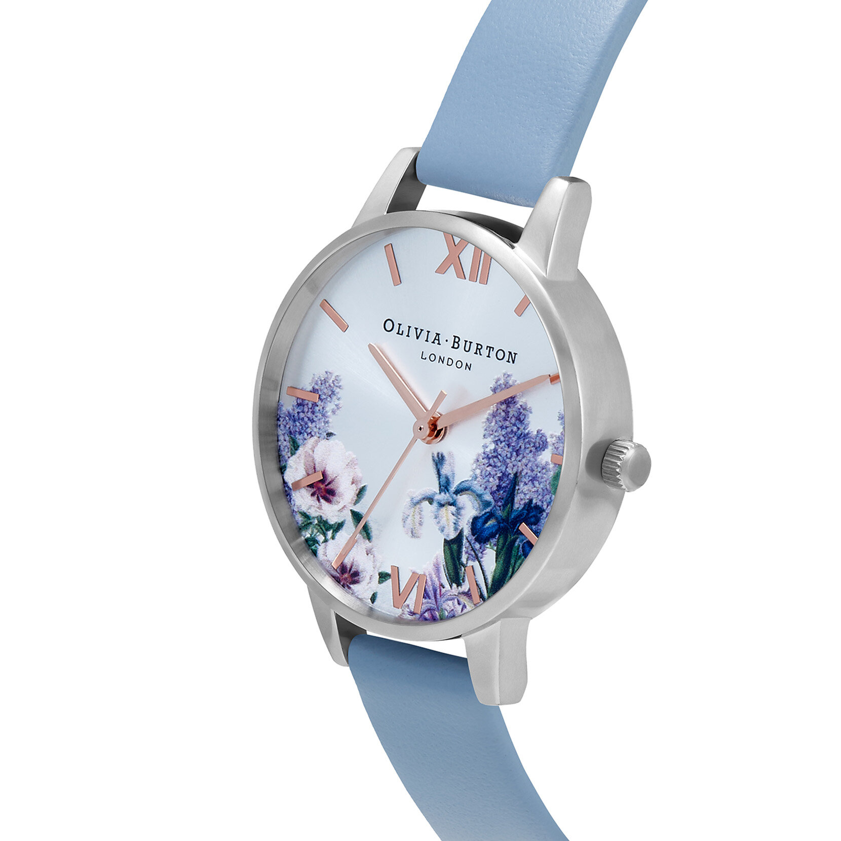 30mm Silver & Blue Leather Strap Watch