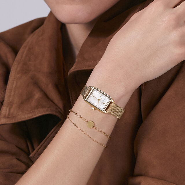 Coffret Cadeau Montre Rectangle Blanc & Maille Or 21mm avec Bracelet Illusion