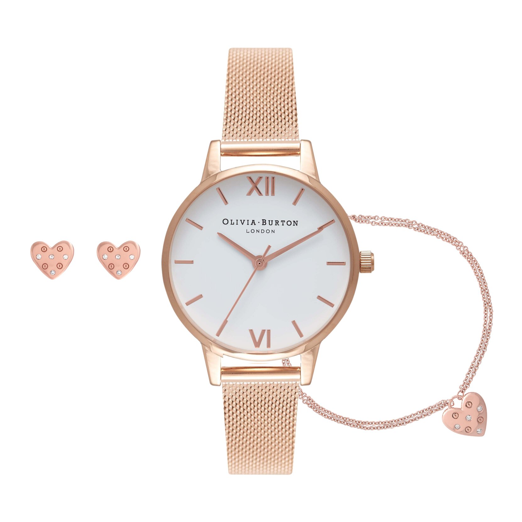 The Classic Rose Gold Watch, Screw Heart Bracelet & Stud Bundle