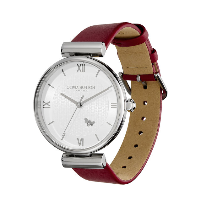 36mm Minima Bee T-Bar Silver & Cranberry Leather Strap Watch