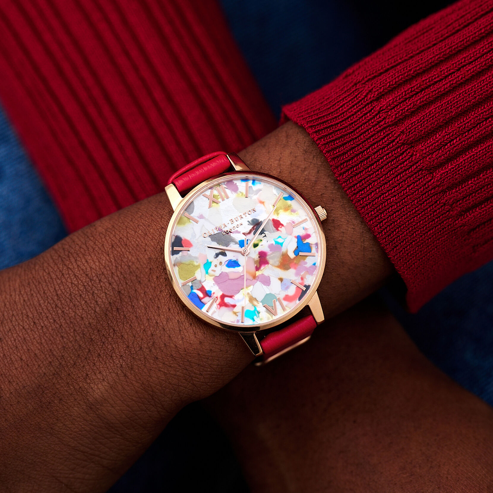 Coffret-cadeau avec montre Pop Art à grand cadran, Eco Vegan rouge et bracelet milanais or rose
