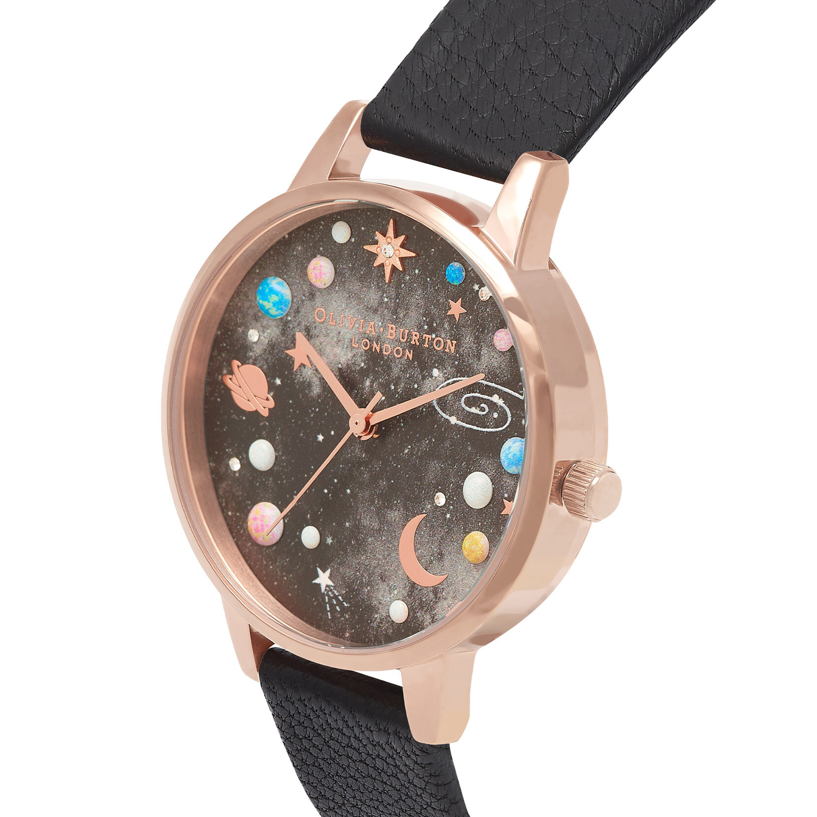 34mm Rose Gold & Black Leather Strap Watch