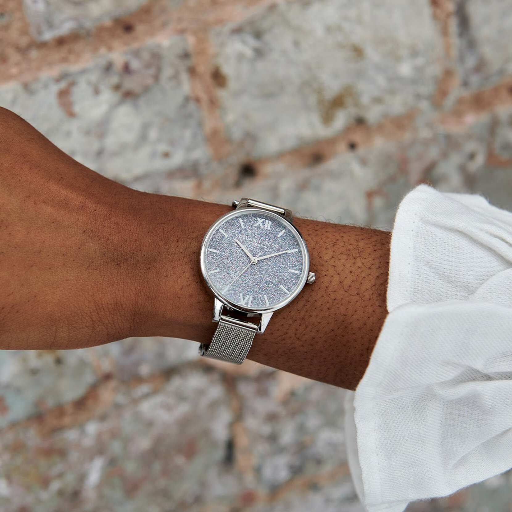 Glitter Dial 34mm Blue & Silver Mesh Watch | Olivia Burton 