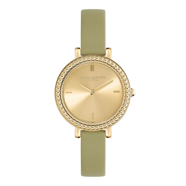 Montre Vintage Perlée Or & Bracelet en Cuir Vert Sauge 30 mm