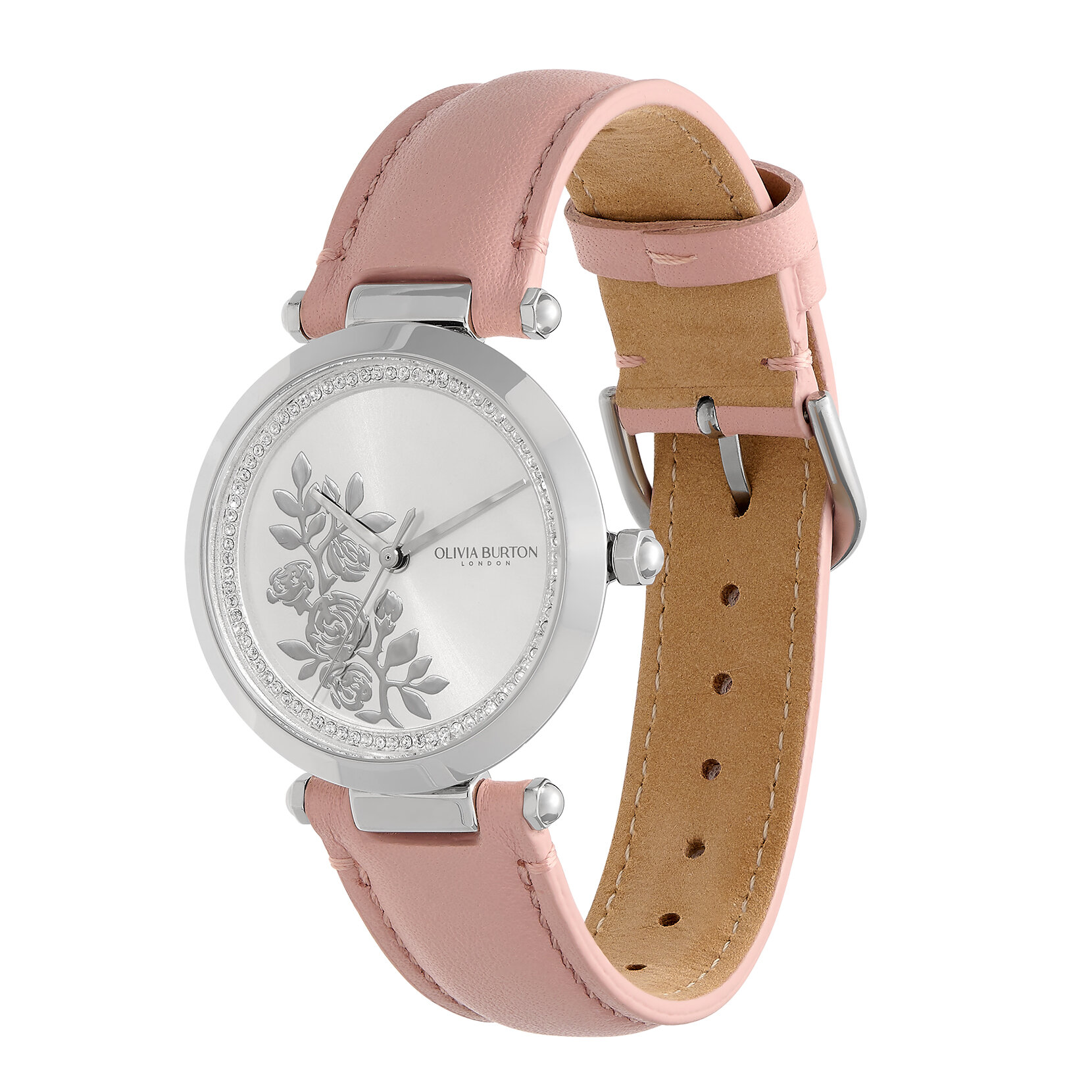 Montre florale avec fermoir en T et bracelet en cuir Argent et Rose 34 mm