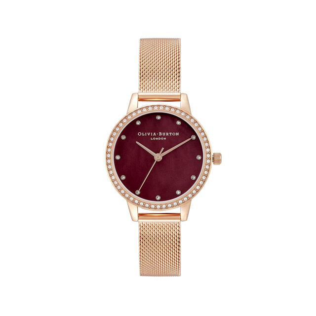30mm Burgundy & Rose Gold Mesh Watch