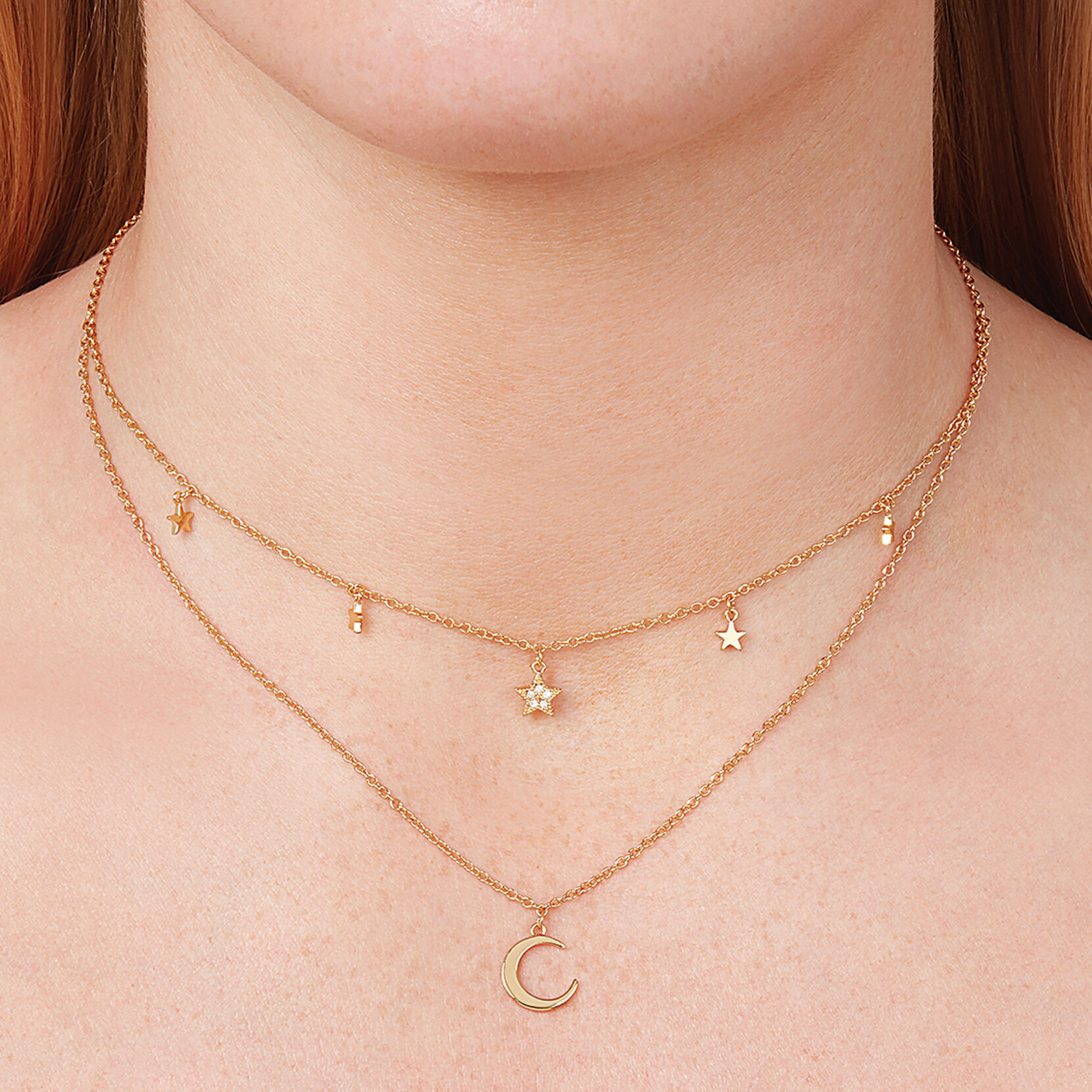 Collier double Celestial croissant de lune et étoile or