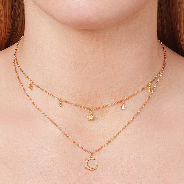 Collier double Celestial croissant de lune et étoile or