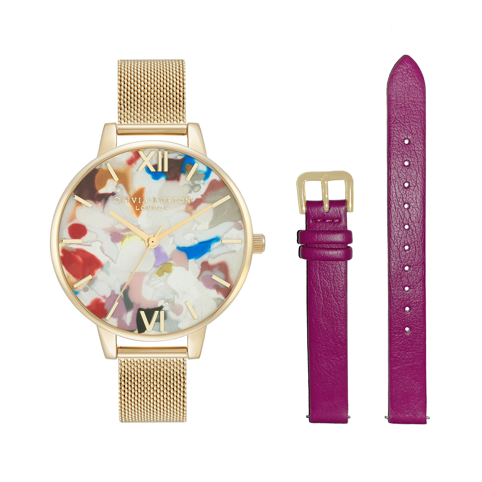 Coffret-cadeau avec montre Pop Art à cadran Demi, Eco Vegan orchidée et bracelet milanais or pâle