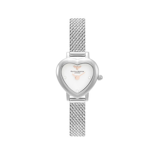 Meant to Bee Mini Dial Heart Mother of Pearl & Silver Mesh Watch