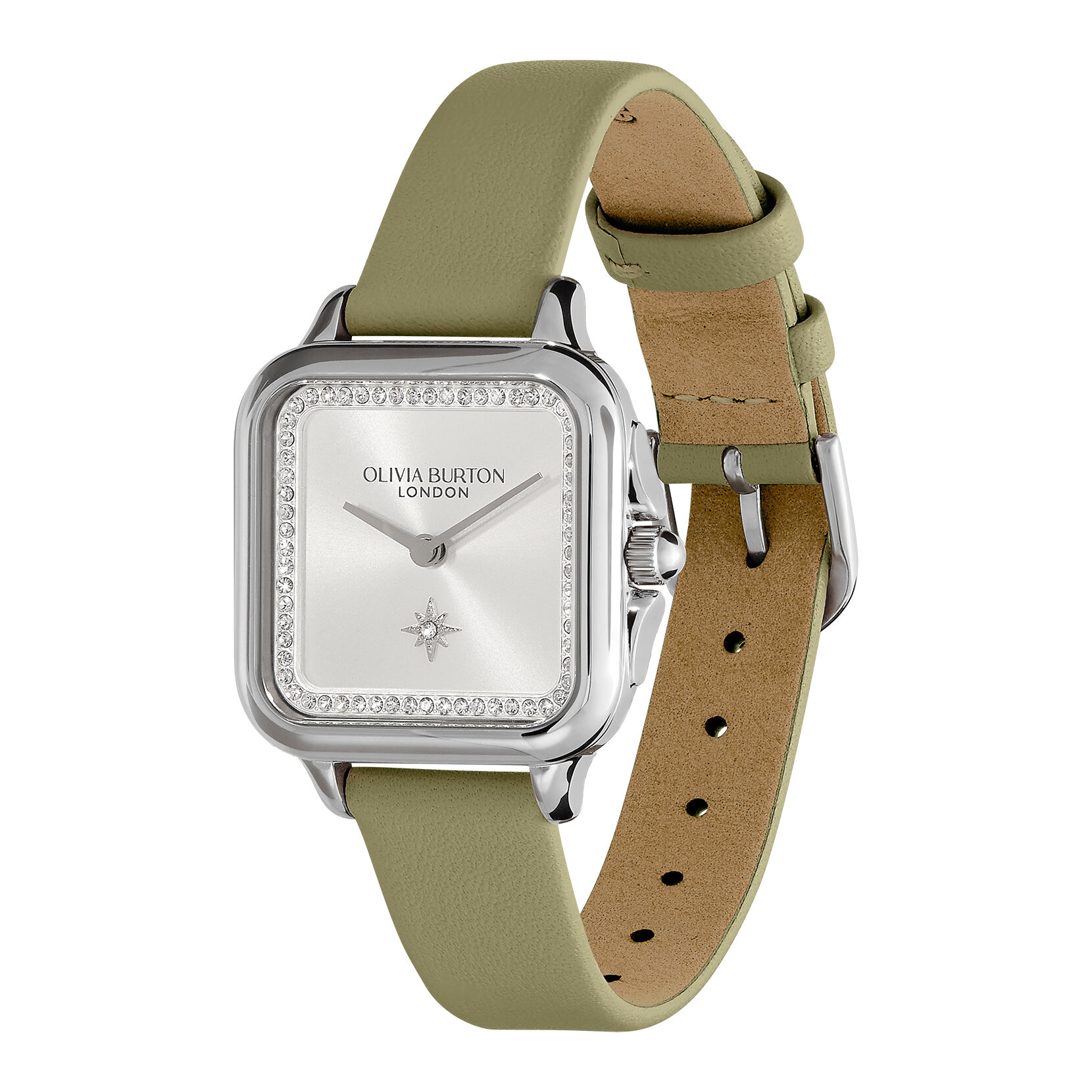 Montre Grosvenor Argent & Bracelet en Cuir Vert Sauge 28 mm