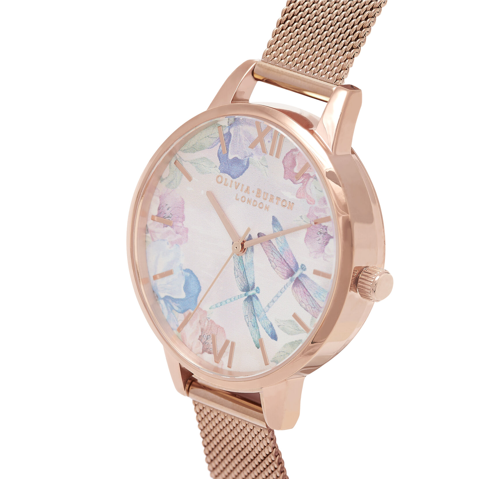 Montre en maille or rose à boîtier mince au motif de libellule
