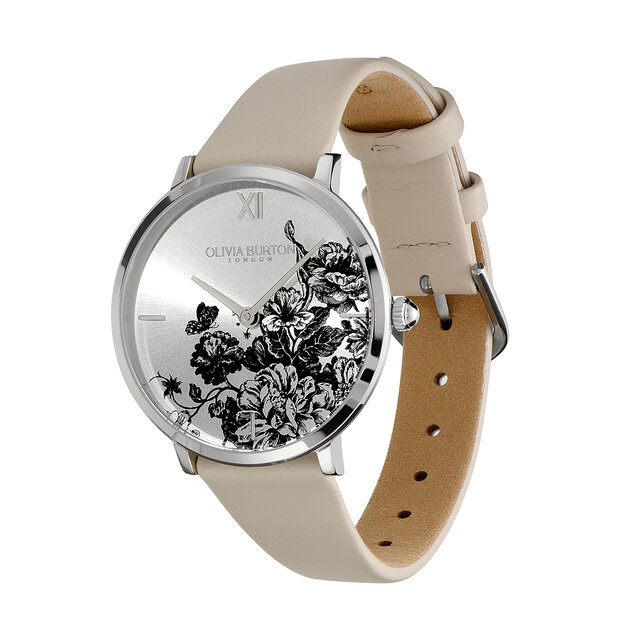 35mm Floral Blooms Ultra Slim Silver & Antique Pearl Leather Strap Watch