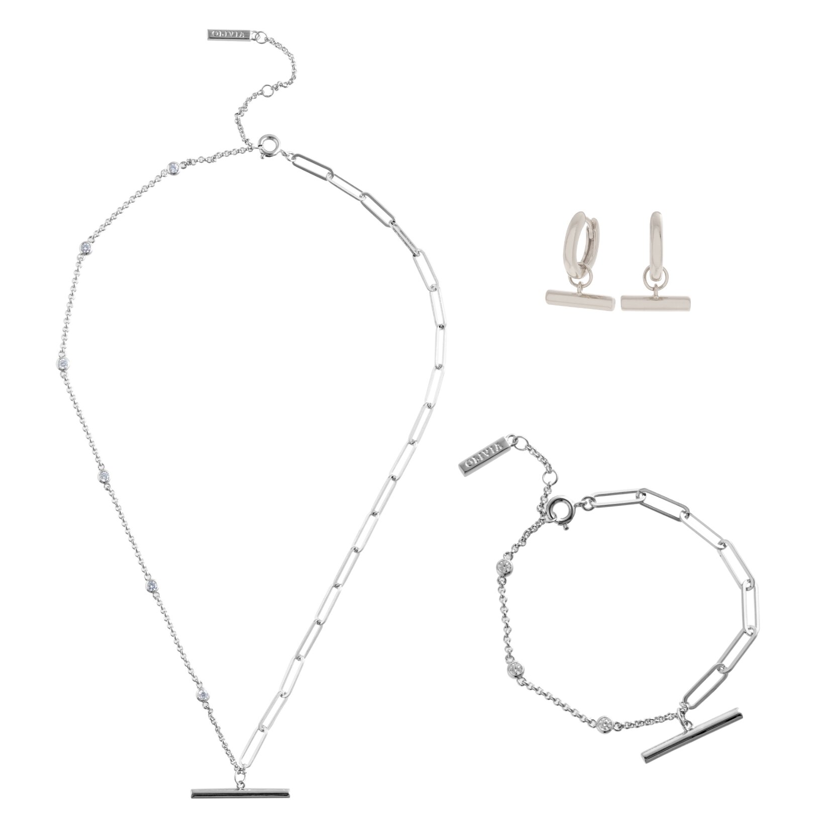 Classic Mismatch T-bar Silver Bracelet, Necklace & Huggie Bundle
