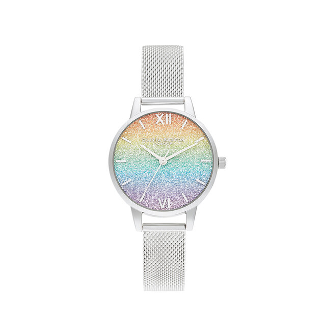 Montre à motif arc-en-ciel à paillettes cadran midi argent mailles