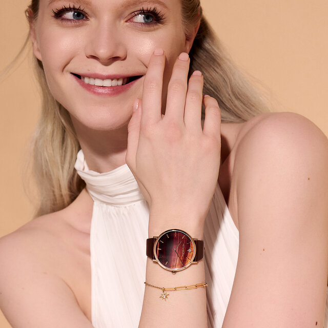 40mm Faux Tiger's Eye, Carnation Gold & Brown Leather Strap Watch