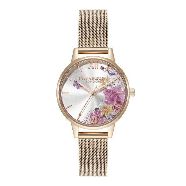 Montre maille ornée de fleurs 30mm or rose