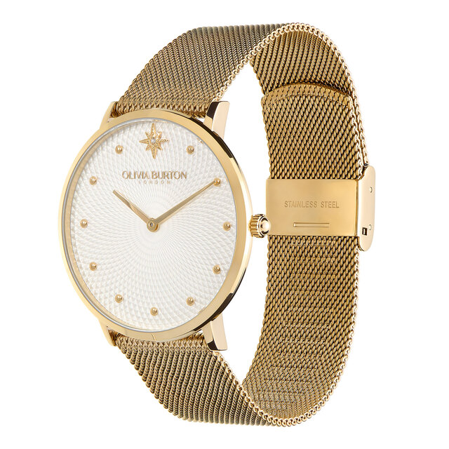 Montre ultra fine avec bracelet en maille milanaise Blanc métallisé et Or 40 mm