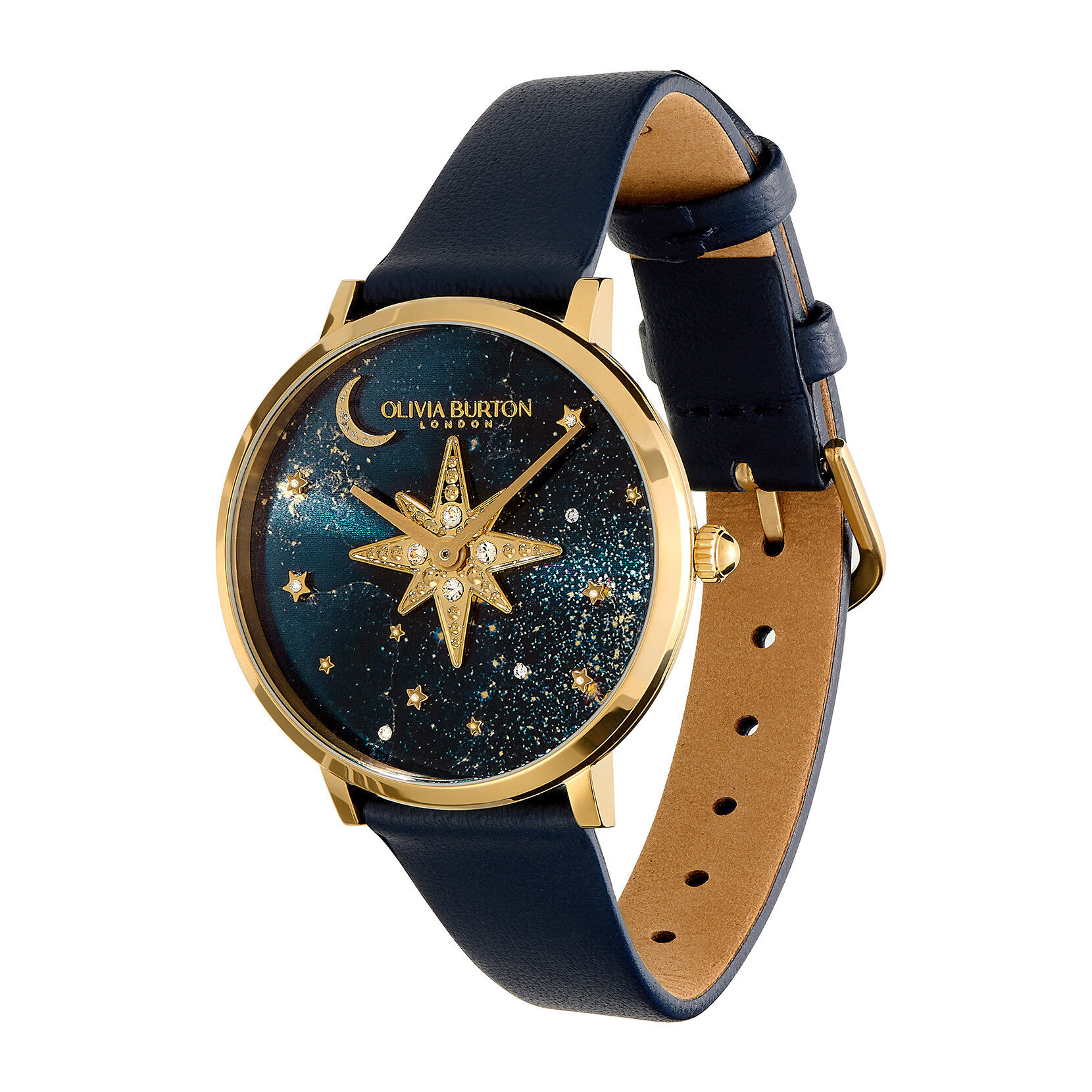 Montre Nova fine avec bracelet en cuir Or et Bleu saphir 35 mm