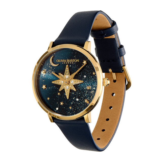 Montre Nova fine avec bracelet en cuir Or et Bleu saphir 35 mm