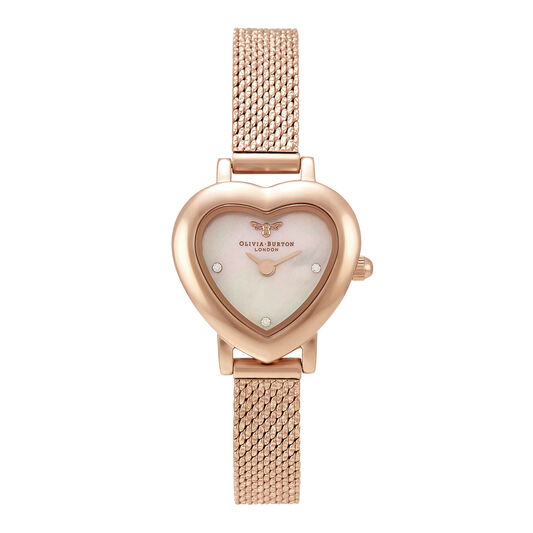 Meant to Bee Mini Dial Heart Mother of Pearl & Rose Gold Mesh Watch